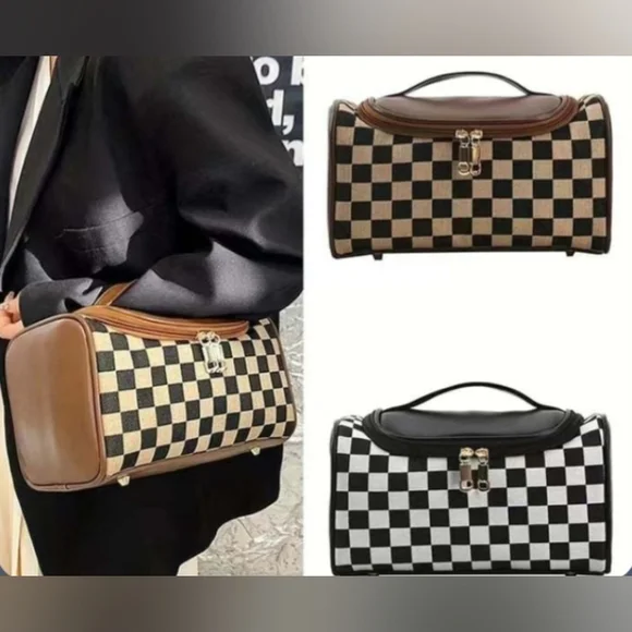 SALE! Brown Damier Checkerboard Cosmetic Toiletry Travel Luxury Leather Bag Case - Picture 6 of 10